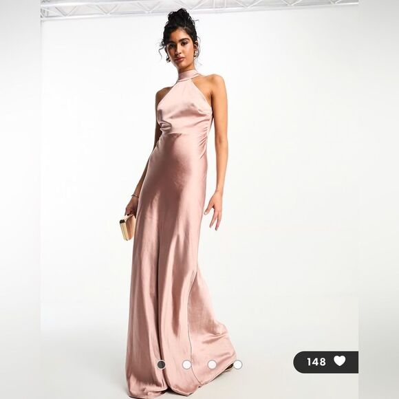 Asos Six Stories Bridesmaids Halter Neck Satin Maxi Dress Rose Women's Size US 8 - Picture 1 of 6